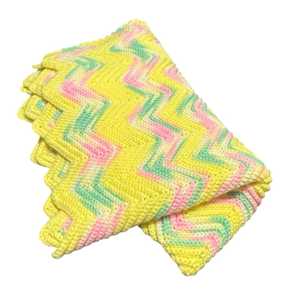Handmade Crochet Afghan Pastel Chevron Baby Blanket Easter Spring Cottagecore